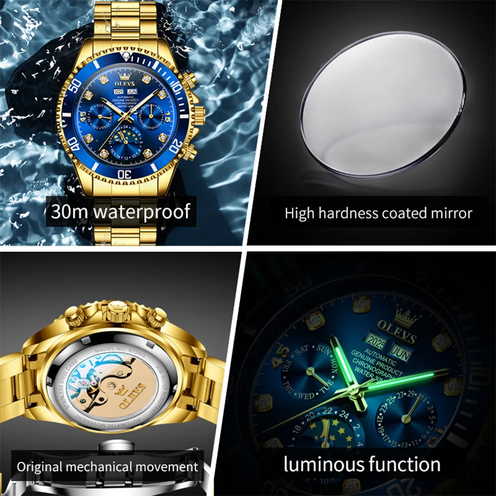 OLEVS 6729 Mens Watches Luxury Original Fully Automatic Mechanical Wristwatch Calendar Week Waterproof Luminous Watches Gifts