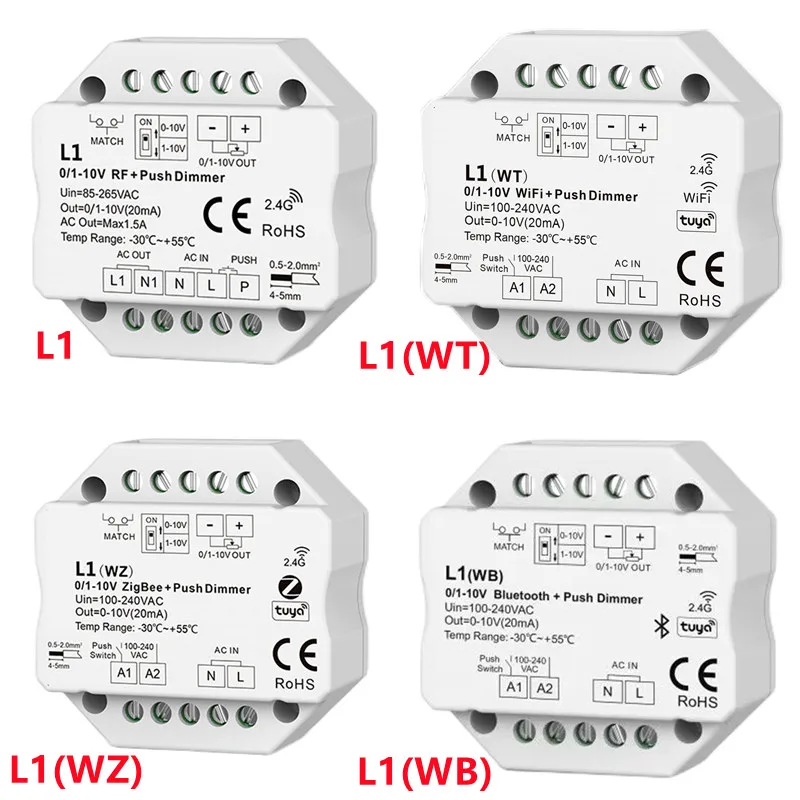 Bluetooth + Push Dimmer 2.4G dimming remote controller L1 L1(WT) L1(WZ) L1(WB) RF to 1 Channel 0/1-10V Dimmer ZigBee + RF