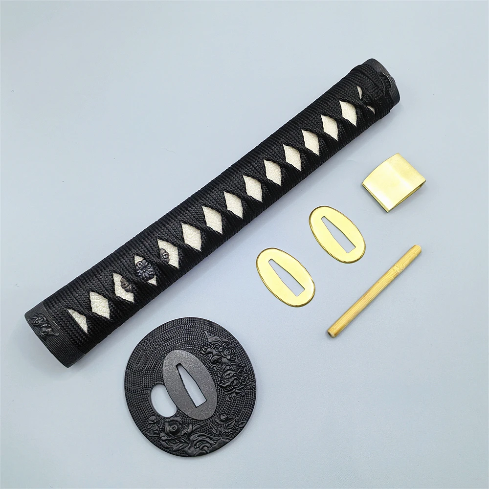 26cm*Real Rayskin Black Ito Handle Tsuka For Japan Samurai Katana/Wakizashi Sword Accessory Brass Habaki+Seppa Metal Fittings