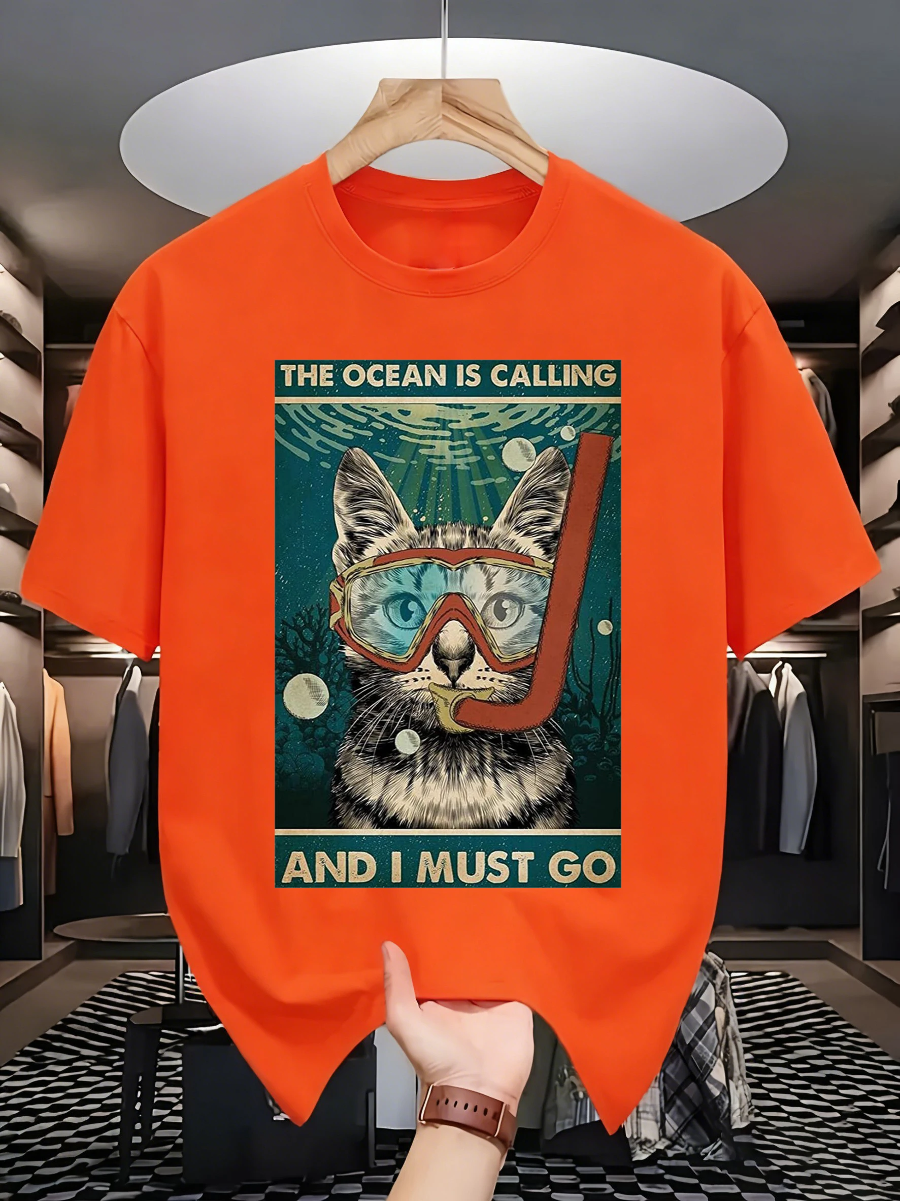 The Ocean Is Calling Cat Printed Hip Hop Tee Shirts Man Cotton O-Neck T Shirt Sport All-Match Top Summer New Loose Short Sleeve
