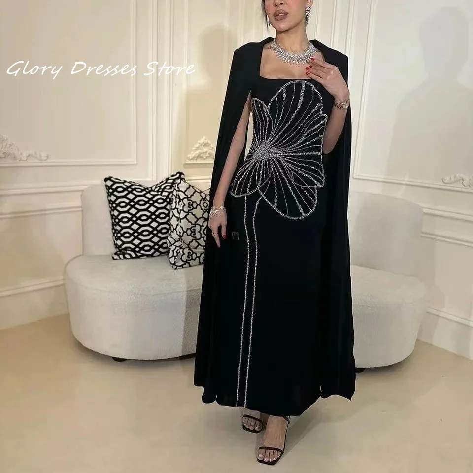 Black Crystals Prom Dresses Ankle Length Evening Dresses Beadings Long Sleeves O-Neck Arabia Zipper Formal Women Party Dresses