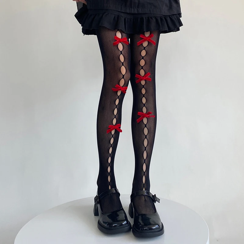 

Combhasaki Women's Y2K Gothic Hollow Out Stocking Leggings Cutouts Cute Bow Tights Pantyhose Club Cosplay Party Streetwear