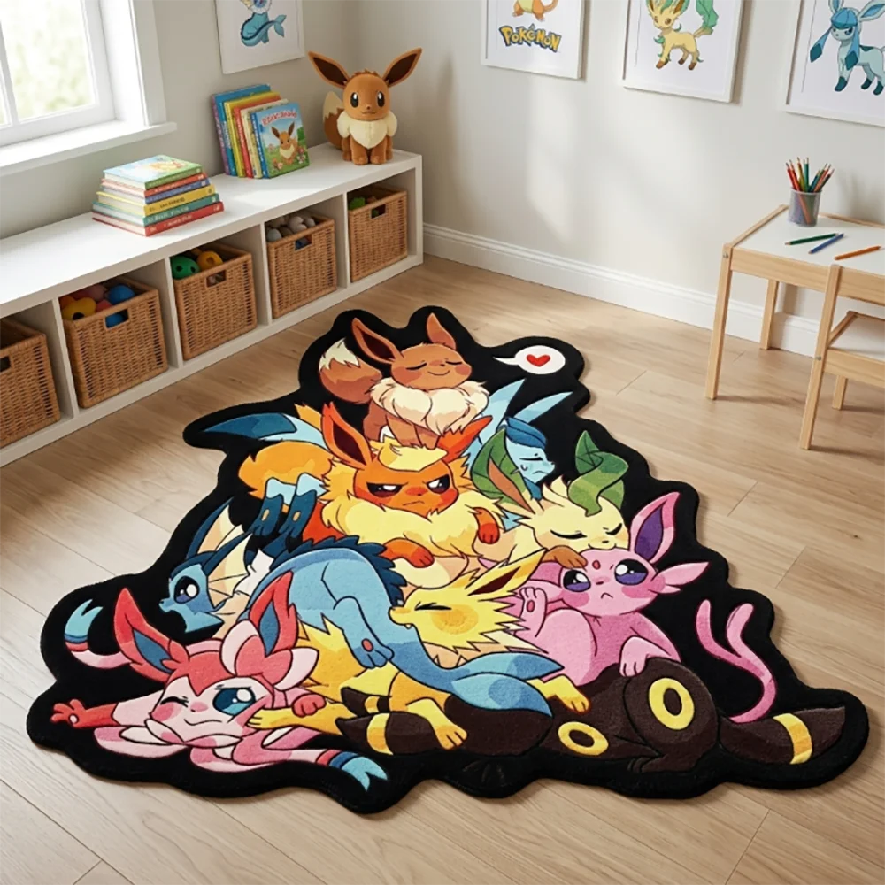 Cute Eevee Family Shaped Area Rug Pokemon Cartoon Print Non-slip Floor Mat Kawaii Aesthetic Fan Collectible Home Doormat
