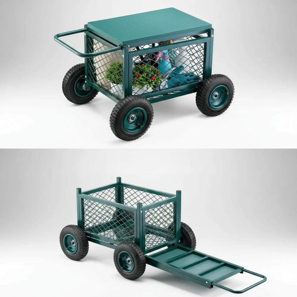 

Heavy Duty Rolling Garden Cart with Seat, 400LB Capacity, All-Terrain Wheels for Outdoor Lawn & Patio Use