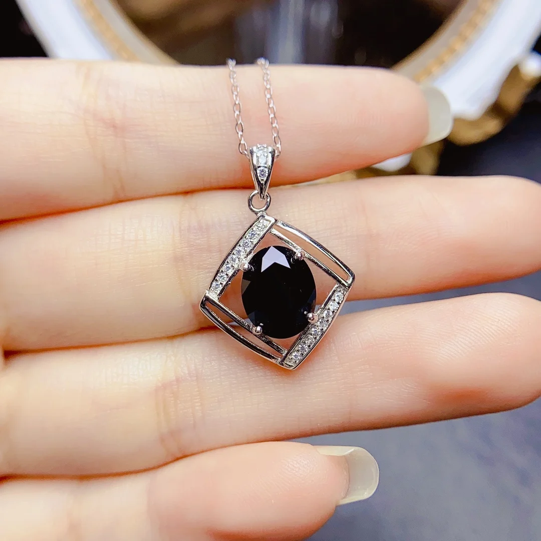 

FS Real S925 Sterling Silver Inlay 8*10 Natural Black Spinel Pendant Necklace Fine Charm Weddings Jewelry for Women MeiBaPJ