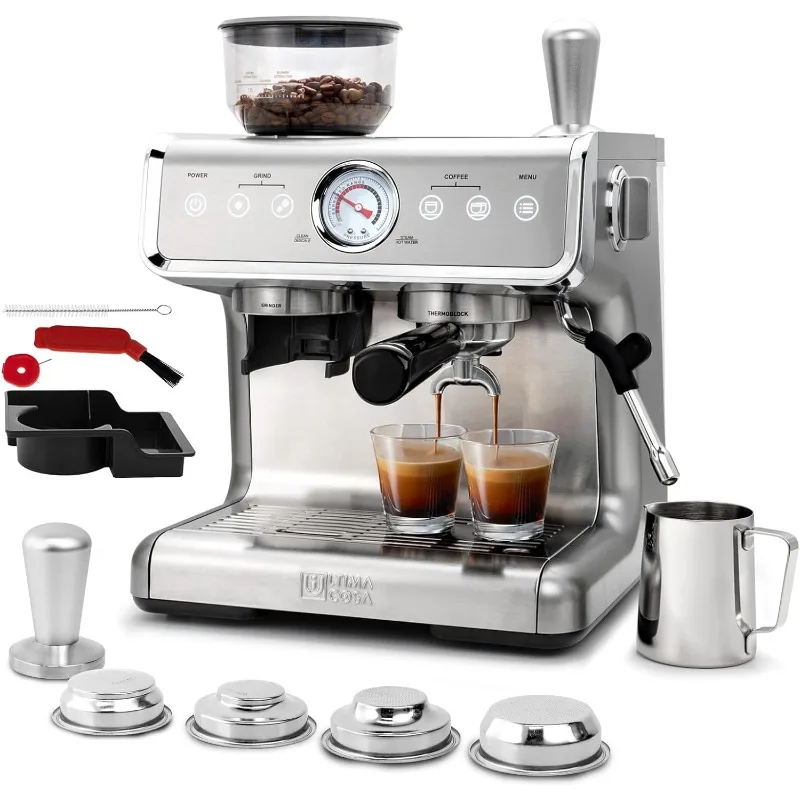 Espresso Machine With Grinder, Professional Espresso Maker With Milk Frother Steam Wand, 15 Bar Barista Latte Machine