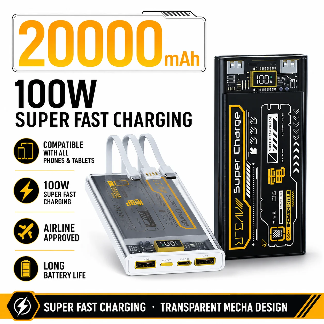 

20000mAh Power Bank 100W Fast Charging Belt Cable Small Portable Outdoor Mobile Power Supply for Iphone Xiaomi Samsung