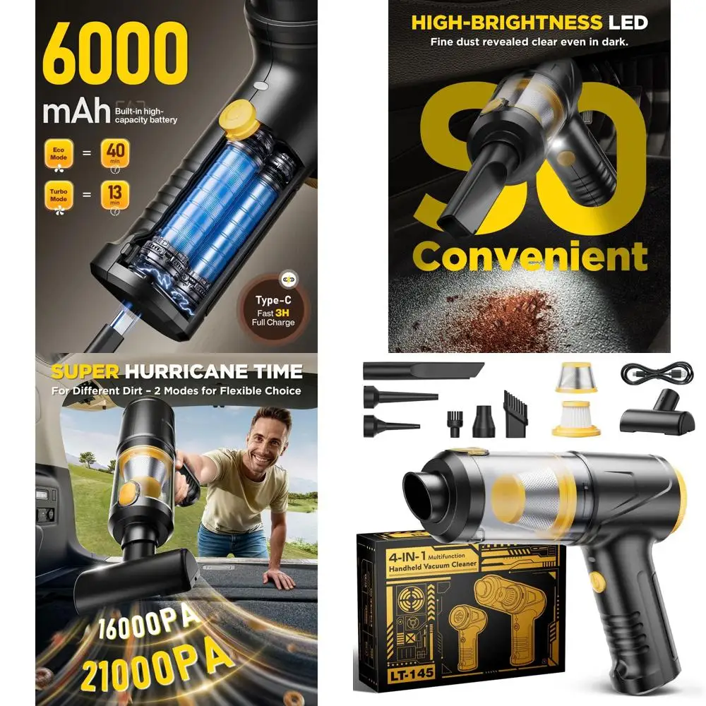 

Мощный беспроводной мини-пылесос 21000 Па с бесщеточным двигателем, 4-в-1, многофункциональный, 2 режима всасывания, LED-подсветка, зарядка Type-C