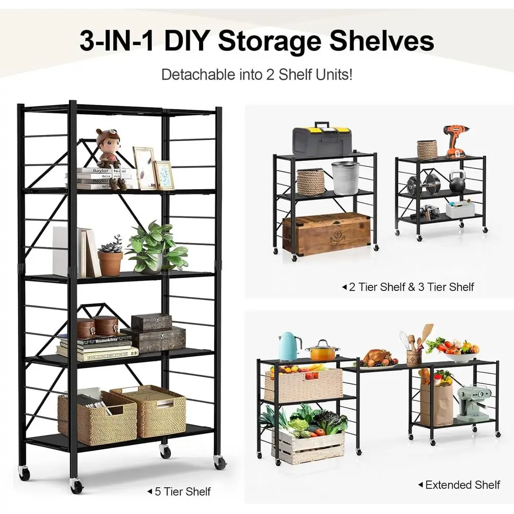 Opvouwbare metalen opbergplanken met 5 niveaus en wielen, verstelbare rekken voor voorraadkast, keuken, garage