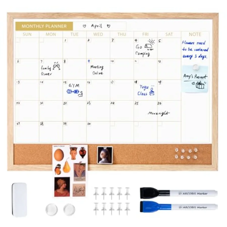 

Календарь-доска с пробковой доской и деревянной рамкой, магнитный настенный календарь для сухого стирания, комбинированная доска для дома и офиса