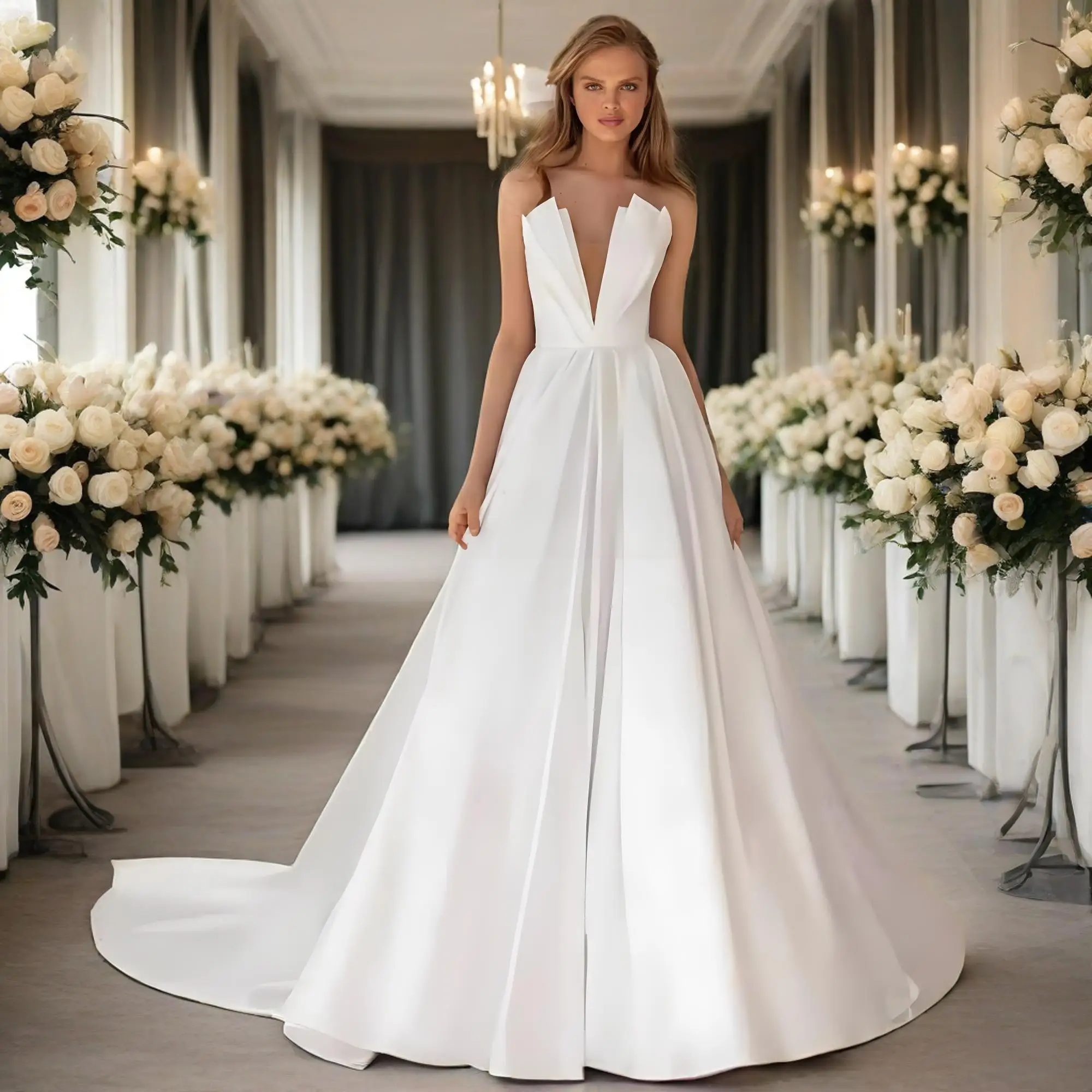 Customized Exquisite 2025 New Design A-line Wedding Dress V-Neck Sleeveless Open Back Bride Dresses Brush Train robe de mariée