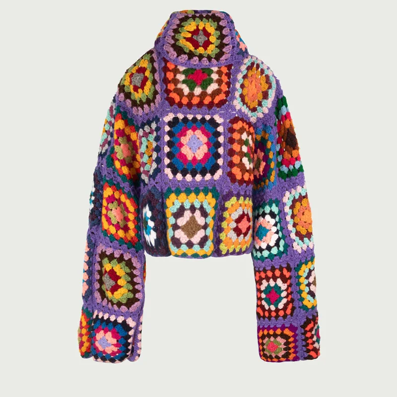 Colorful Crochet Sweaters Granny Square Turtleneck Cute Cardigan Boho Afghan Stitching Coat Color Patchwork Clothing For Lady