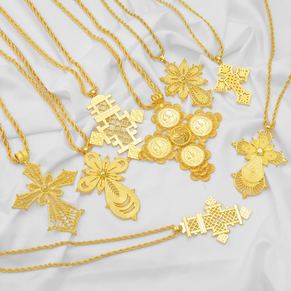 Annio Ethiopian Gold Color Cross Charms Pendant Necklaces African Jewelry Eritrean Anniversary Accessories #161916