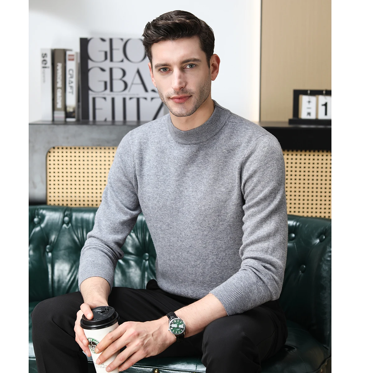 

2025 Новый мужской свитер из 100% чистой шерсти с полувысоким воротником для среднего и молодого возраста, повседневный зимний толстый однотонный свитер