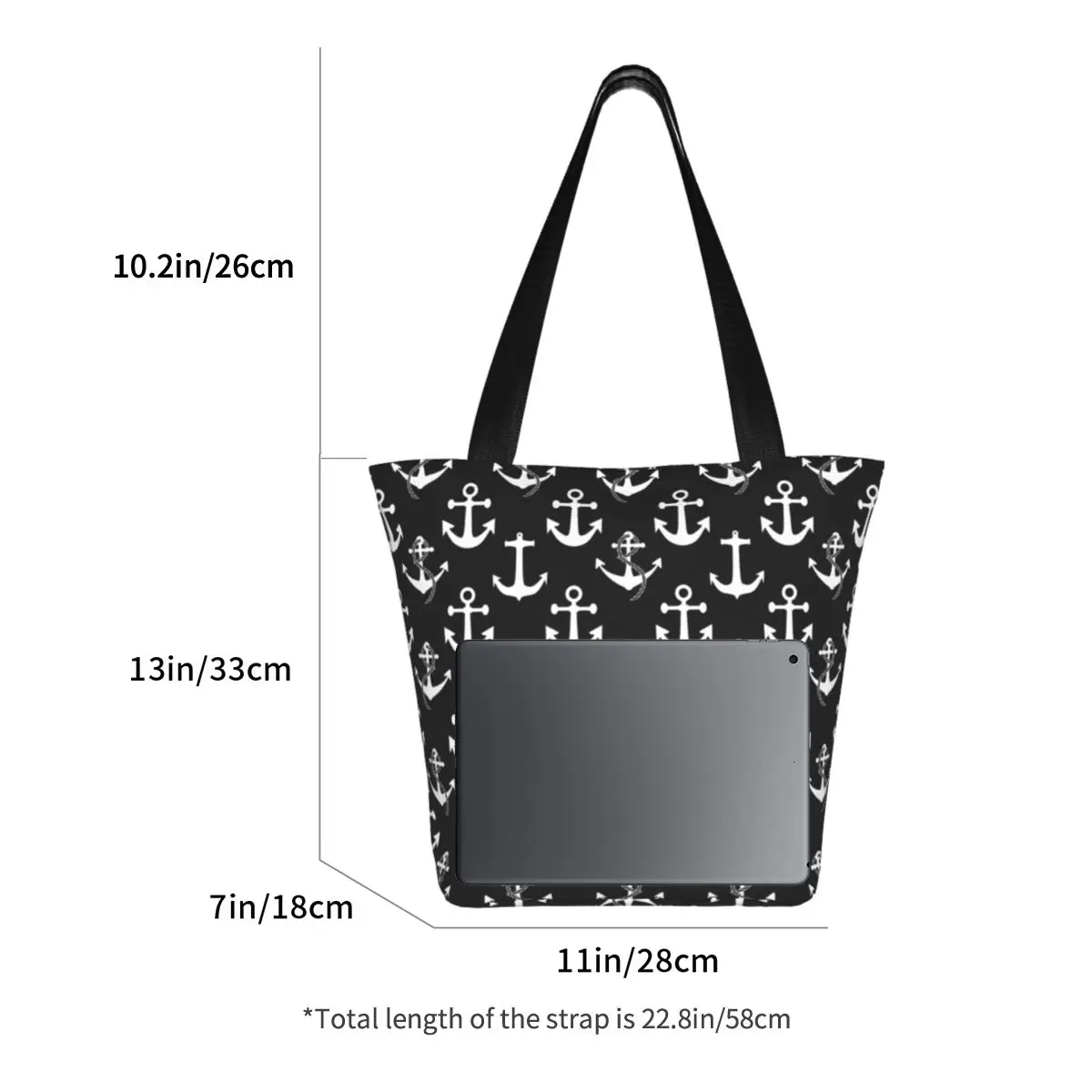 Custom Black And White Nautical Anchor Pattern Shopping Bag Women Shoulder Canvas Tote Bag Portable Grocery Shopper Bags