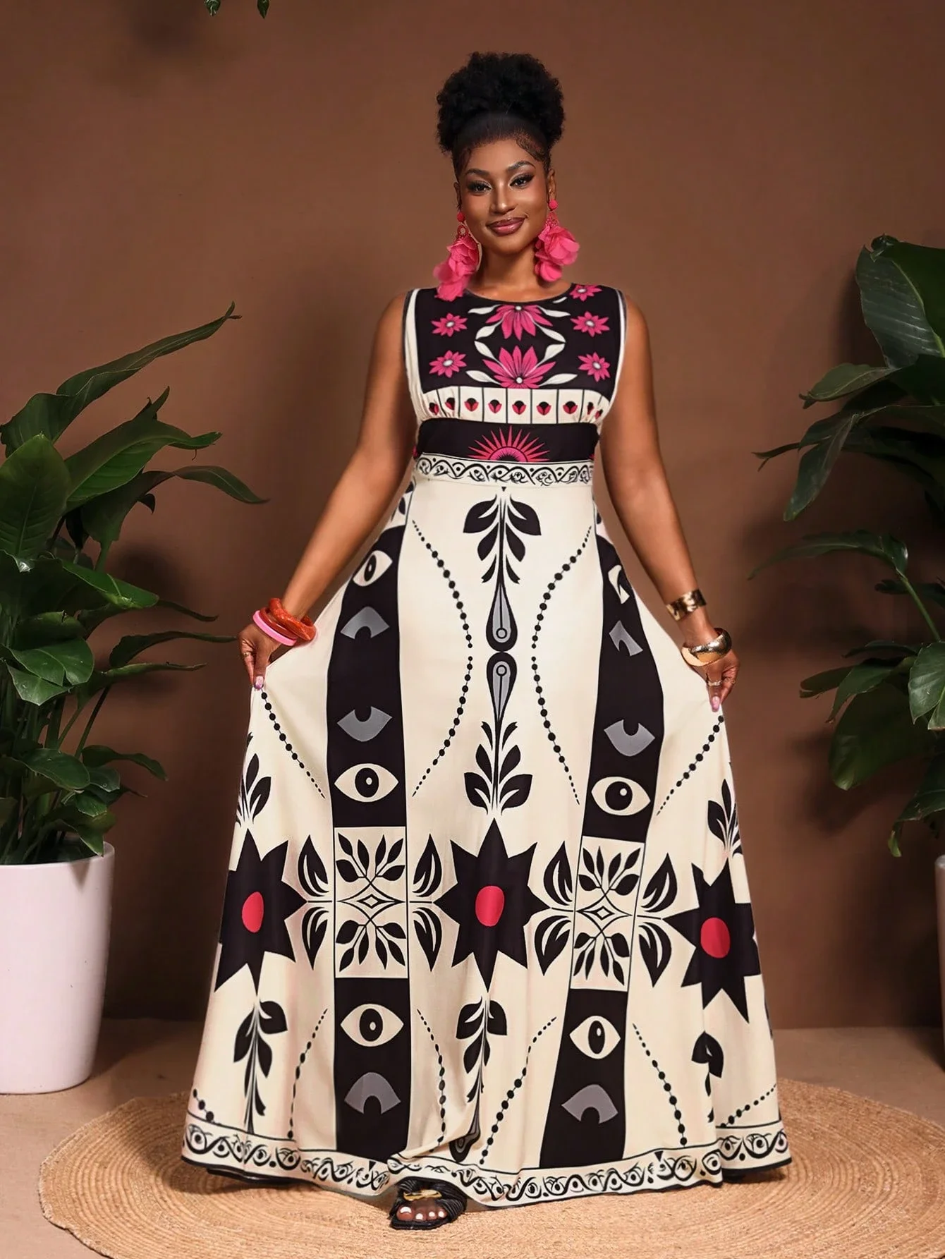 

Sleeveless A-Line Maxi Dress With Floral And Geometric Print For Party Holiday