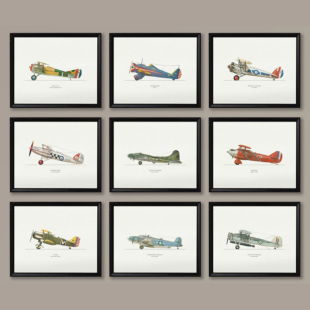 Airplane Lover Gift Wall Art Vintage Plane Collection Poster Aviation Pilot Aircraft Print Boys Kids Playroom Nursery Decoration