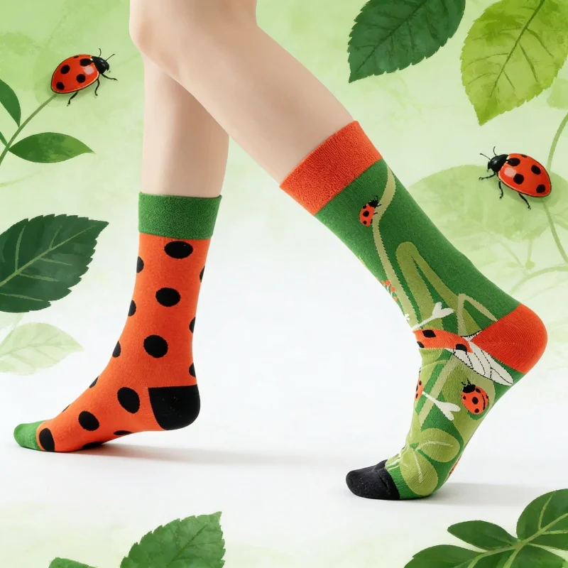 1 pair Ladybug Garden Asymmetric Mid-Calf Socks - Cute Insect Print Contrast Color Socks