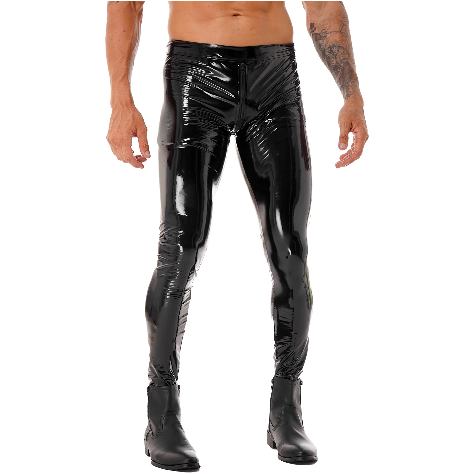 Mens Motorcycle Tight Long Pants Two-way Zipper Crotch Fashion Trousers Wet Look Patent Leather Skinny Pants Clubwear Leggings