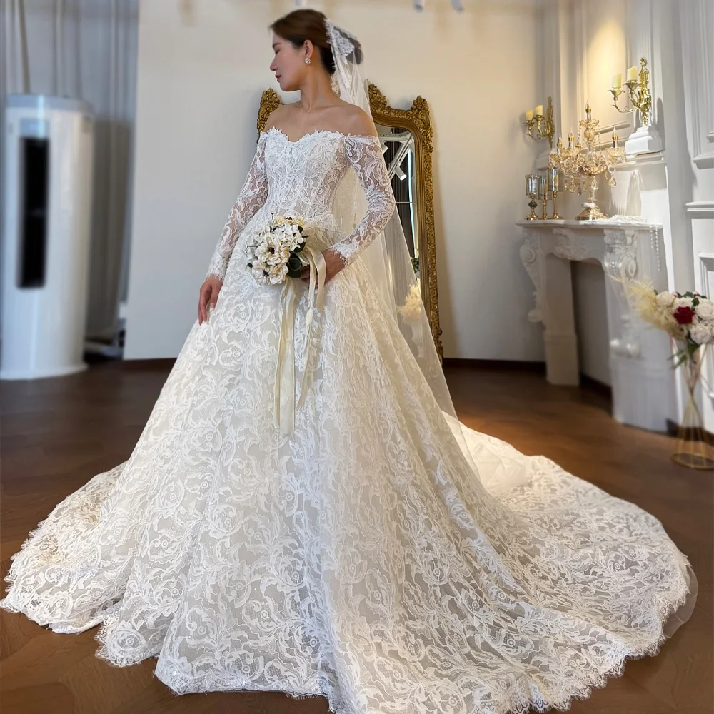 Custom 2026 Vestido De Novia Off Shoulder Long Sleeve Lace Ball Gown Wedding Dress with Corset Back Cathedral Train image 3