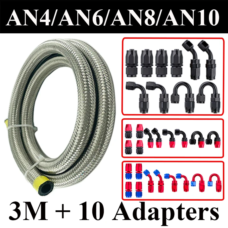 

3M AN4 AN6 AN8 AN10 Fuel Hose Oil Gas Cooler Hose Line Pipe Tube Stainless Steel CPE Rubber 4x0 2x45 2x90 2x180 Degree Fittings