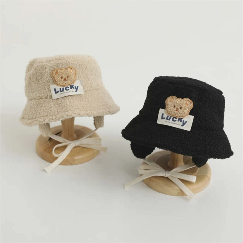 Cute Bear Lamb Wool Bucket Hat for Kids Warm & Fashionable Fisherman Cap Autumn/Winter Hat Lightweight for Boys Girls A2UB