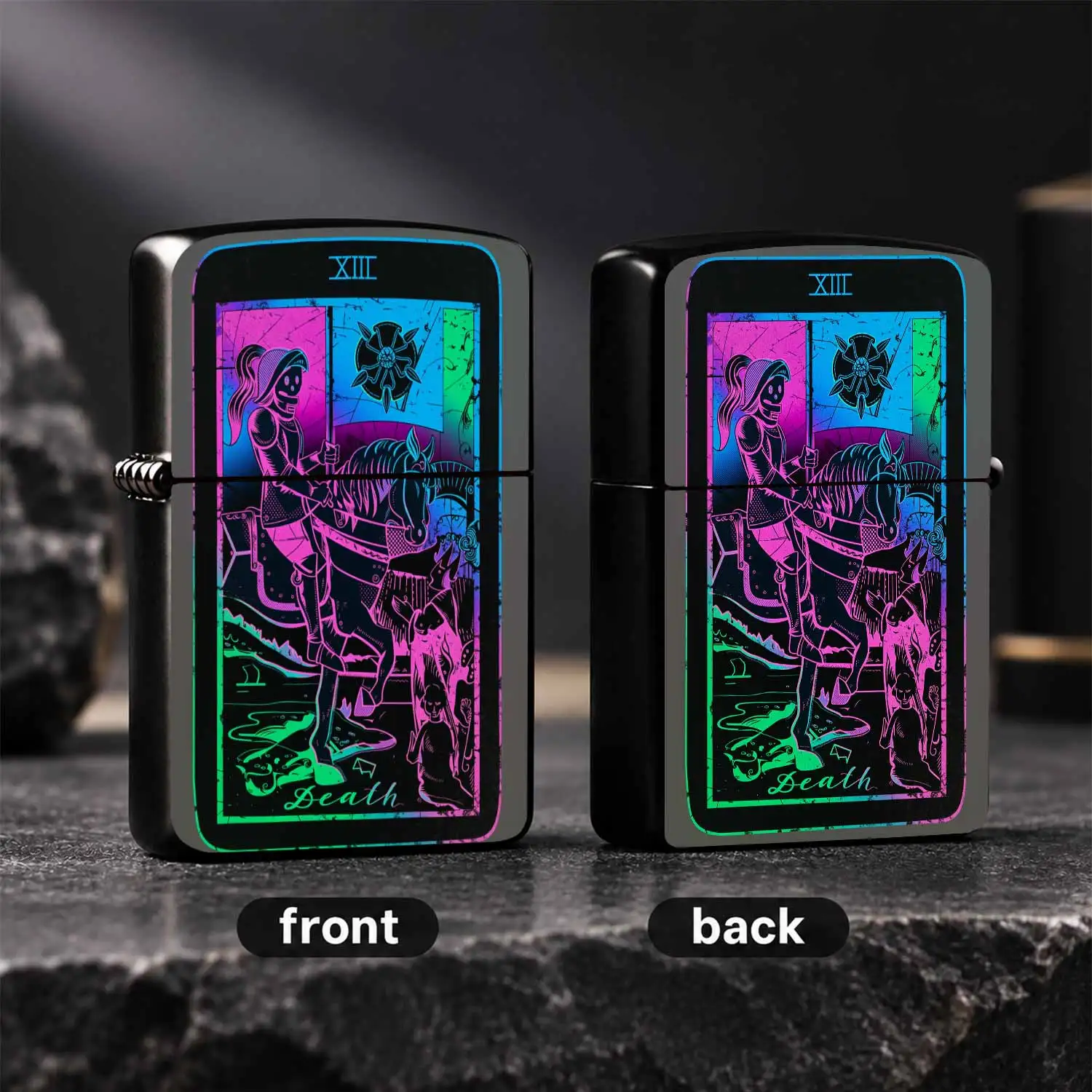 Cyber Neon Tarot Death No.Xiii Themed Lighter, Retro Distressed Art Print Cool Stylish Portable Accessory, Creative All-Scene Daily Use Practical Present For Tarot Lovers Collectors And Trend Pursuers A Humorous And Interesting Lighter