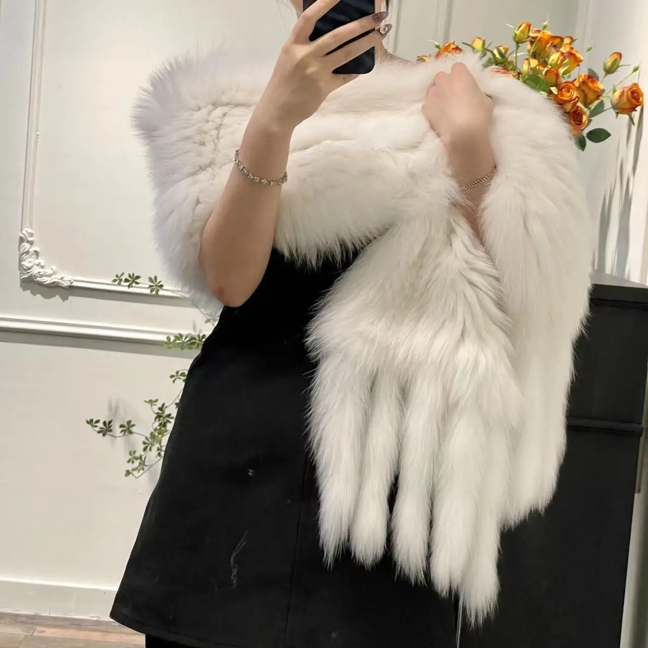 New Real Fox Fur Shawl With Tassel Warm Long Women Knitted Wrap Good Quality Natural Fur Wide Scarf Shawl