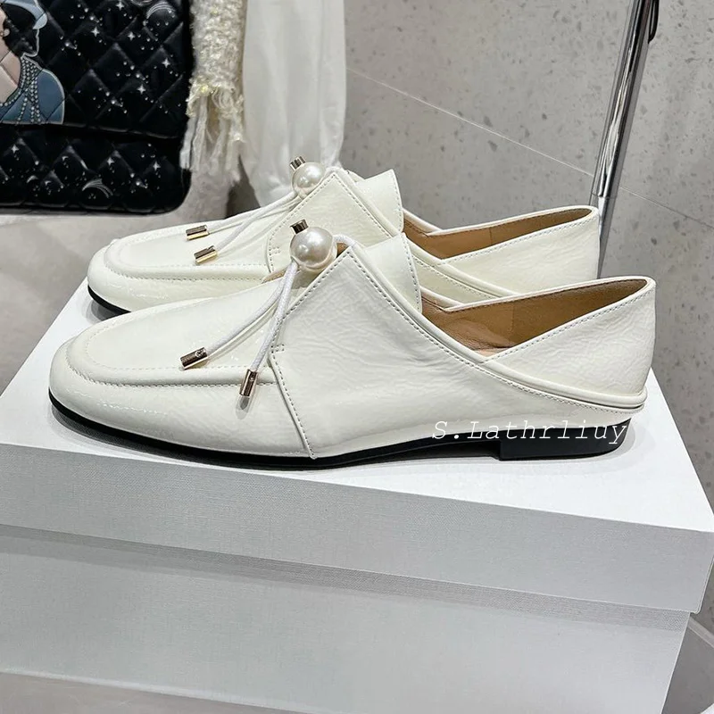 Spring Autumn Round Toe British Style Single Shoes Women's  Elastic Band Luxurious Pearl Loafers Daily Office Commuting Shoes