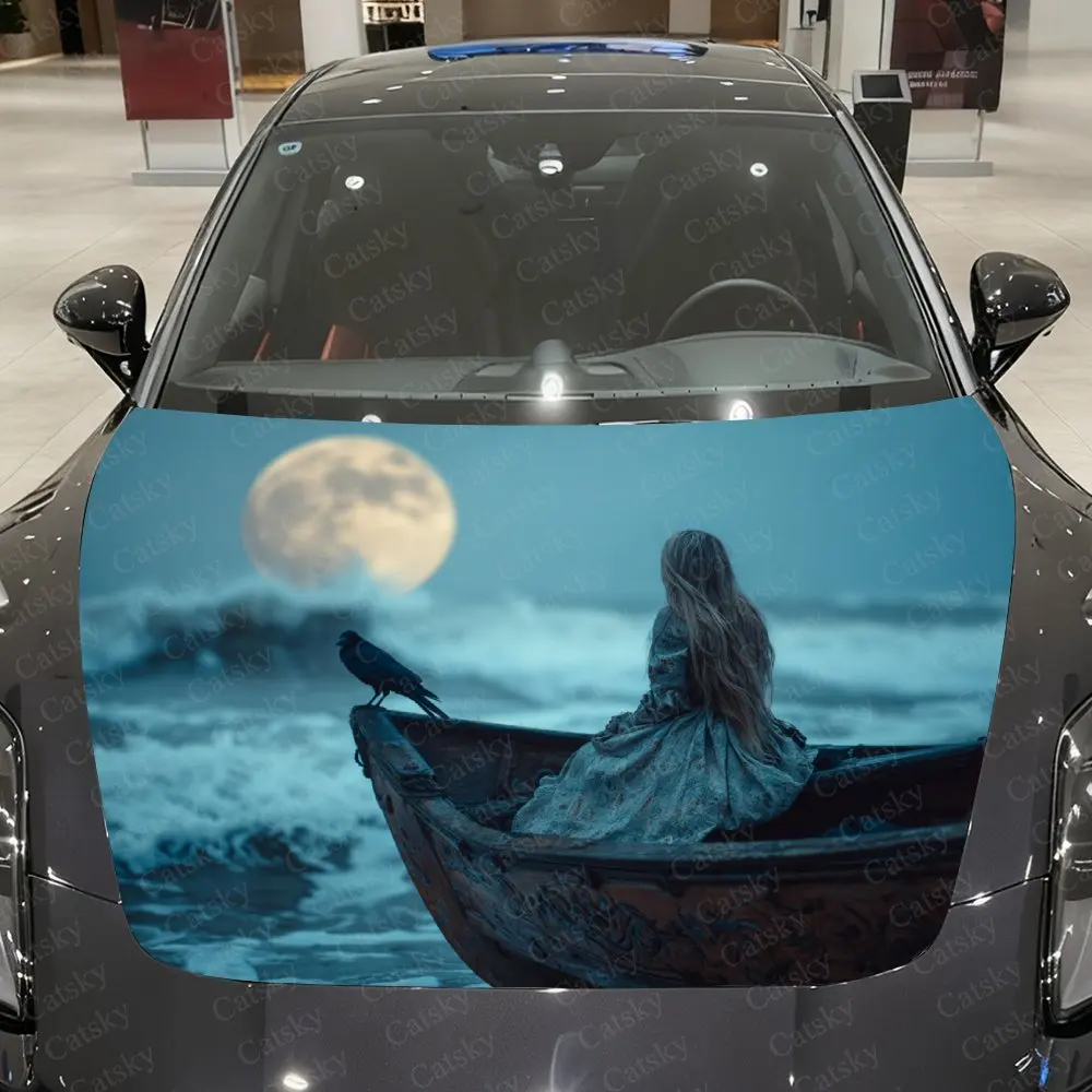 

Night Moon Crow And Gothic Girl Car Hood Stickers, PVC Stickers, Waterproof And Wear-resistant Decorative Stickers, Fashion Patt