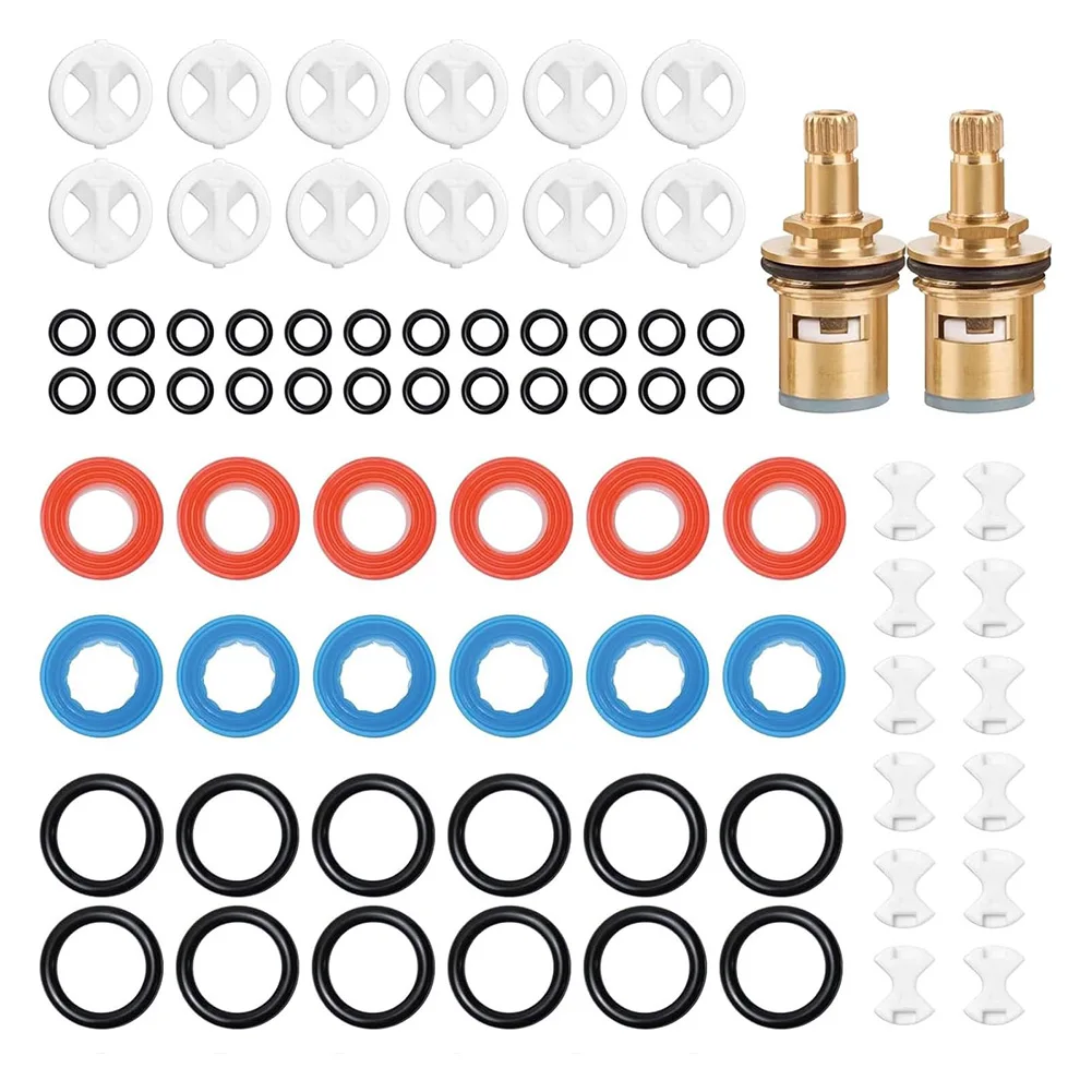 2 pcs Brass Tap Cartridge Set with 72 Piece Washer Assortment and Silicone Positioning Rings for Hot Cold Taps