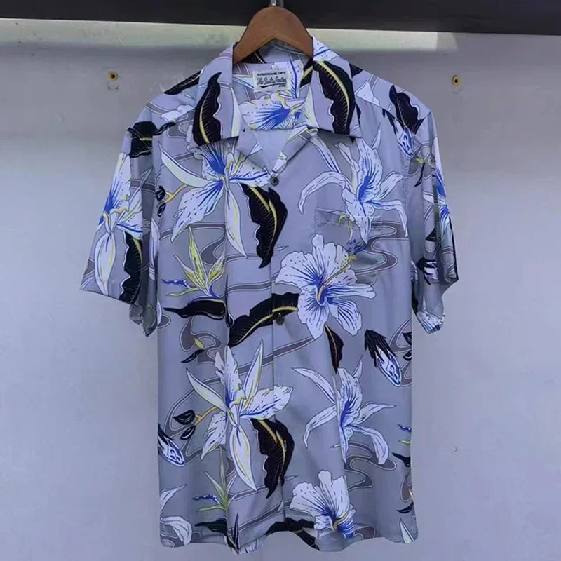 Black Grey WACK Hawaii Shirt Men Woman Paradise Bird Lily Flower Print Loose Casual Short Sleeve Tops Tee