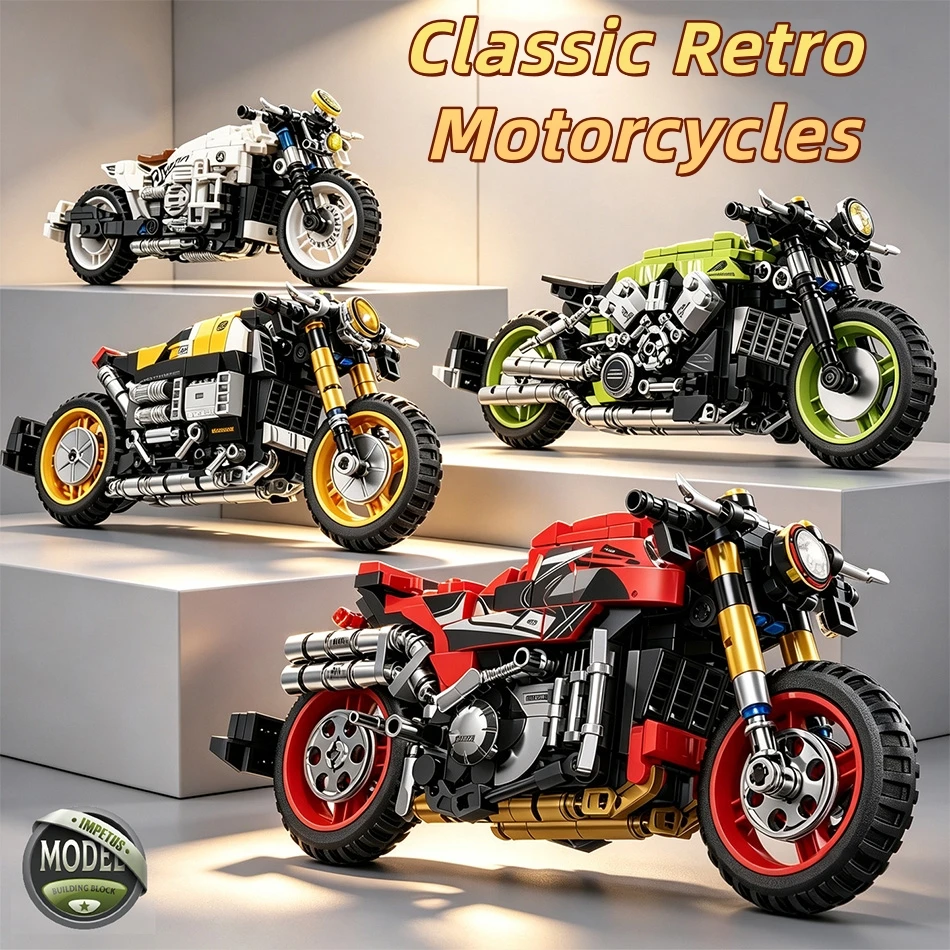 MOC Retro-Rennmotorrad-Bausteine DIY Zusammengebautes Schnellmotorrad-Modell Ziegelsteine Heimdekoration Sammlerstücke Geschenke für Jungen