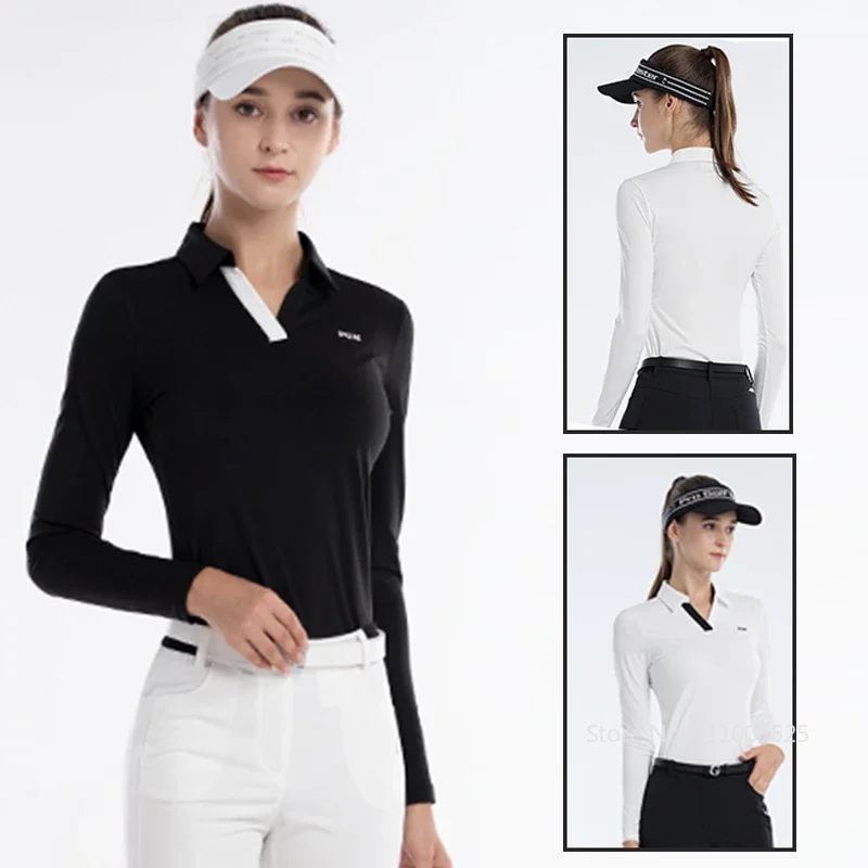 PGM Women's Golf Long Sleeve Shirts High Stretch V-Neck Sports Tops Ladies Fall Spring Slim Casual Golf Clothing S-XL