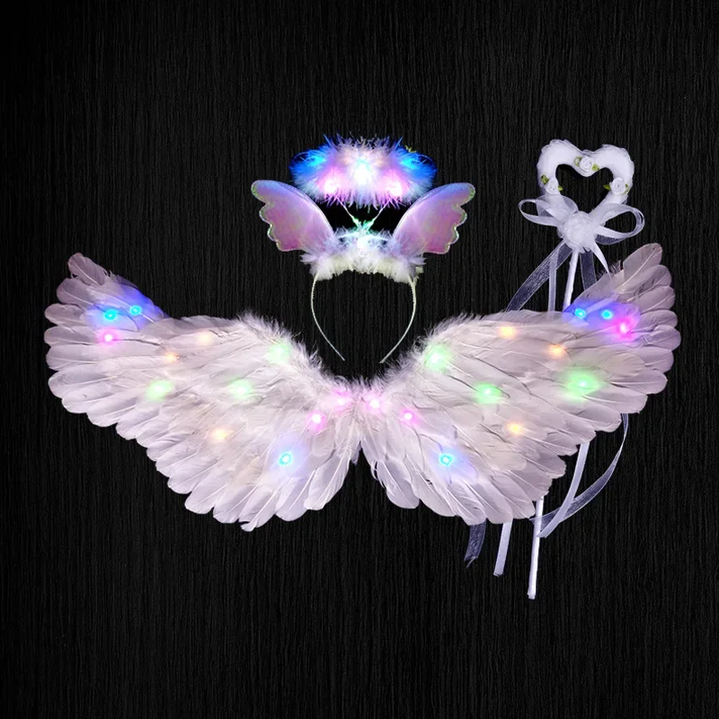 Kids Girl LED Flashing Light Up Angel Costume Feather Butterfly Wing Skirt Fairy Wand Halo Prop Party Birthday Wedding Festival