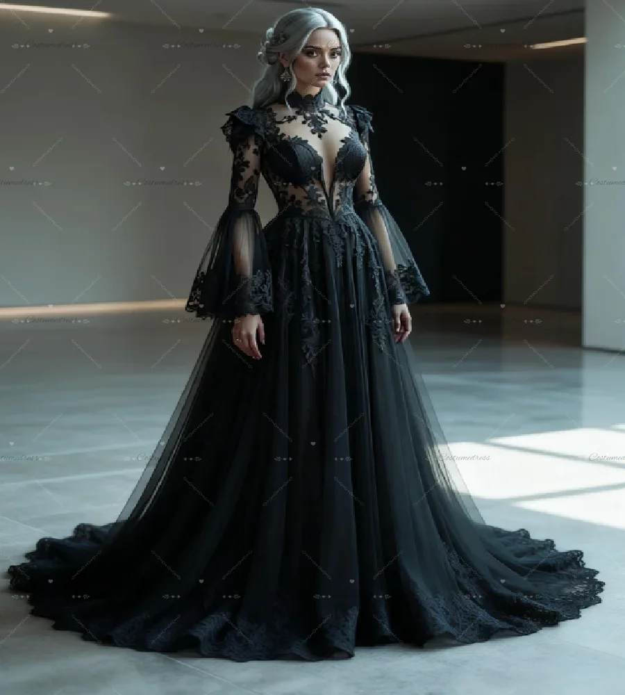 Romantic Gothic Black Wedding Dress With Belle Sleeve Fairy Celtic Country Bridal Dress Vampire Medieval Rustic Bride Dress Boho