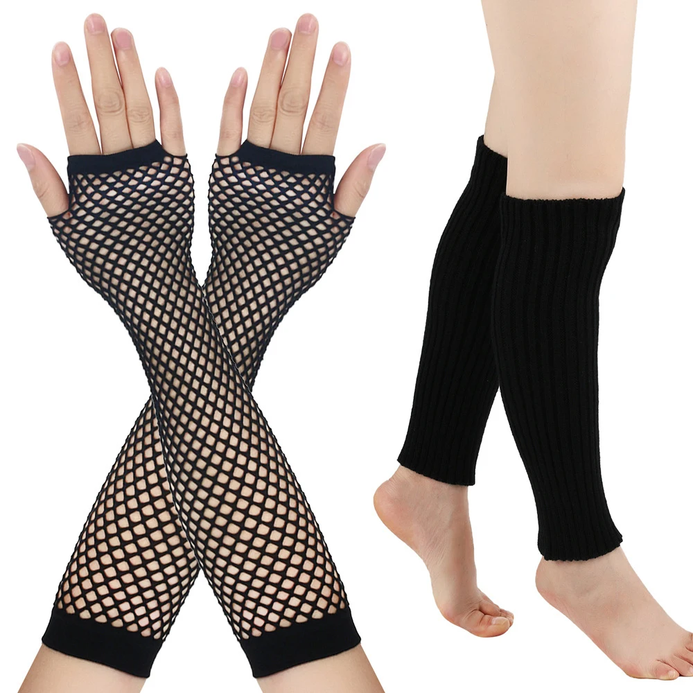 

New Neon Fishnet Fingerless Long Gloves Socks Foot Warmers Arm Sock Cover Sets Leg Warmers Halloween Party Gloves Solid Color