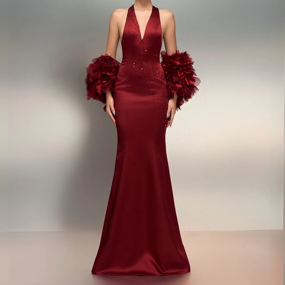 

Customized A-line Evening Dresses Floor-length V-neck Sleeveless Prom Gown Fashion Crystal Stole Draped Backless Party Gown