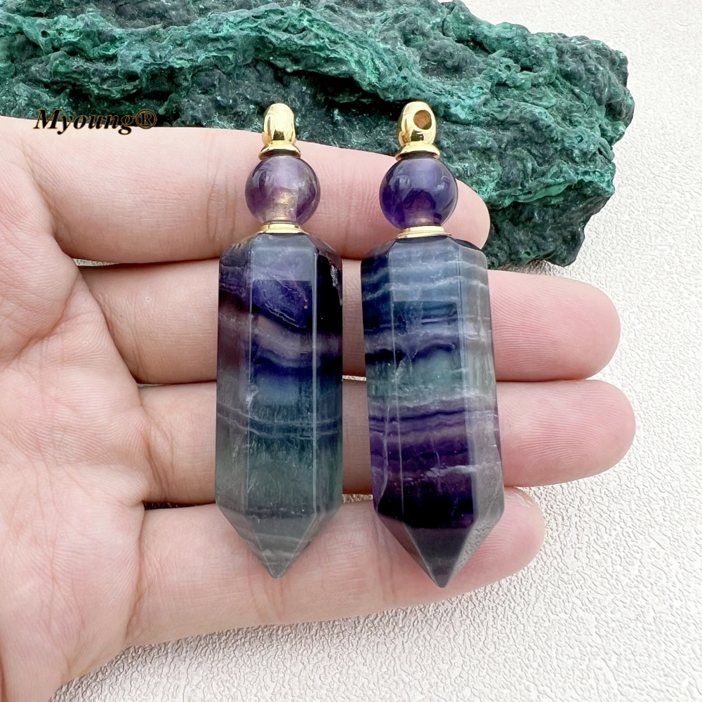 2PCS Large Natural Crystal Fluorite Hexagonal Point Perfume Bottle Pendant For Women Essential Oil Vial Jewelry MY231069