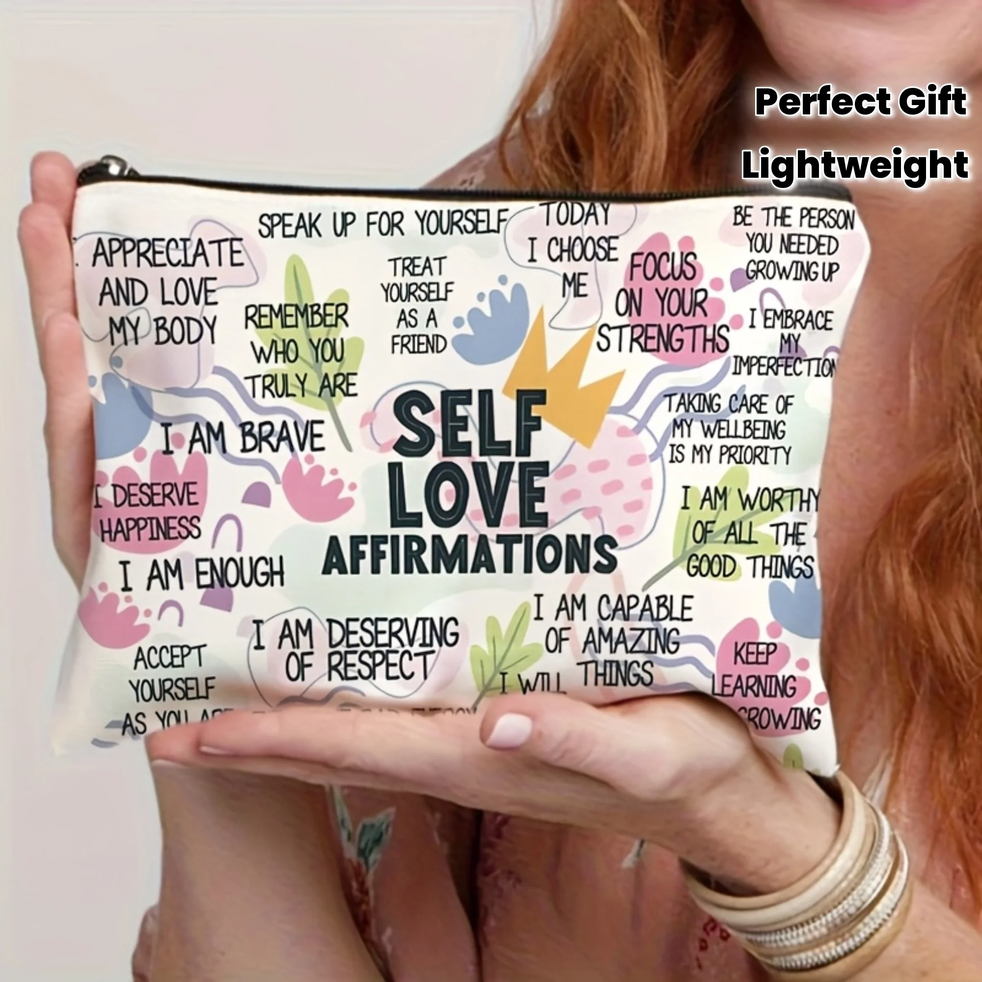 Inspirational Makeup Bag with Positive Affirmations Foldable Lightweight Travel Cosmetic Pouch with Zipper Closure Coin Purse