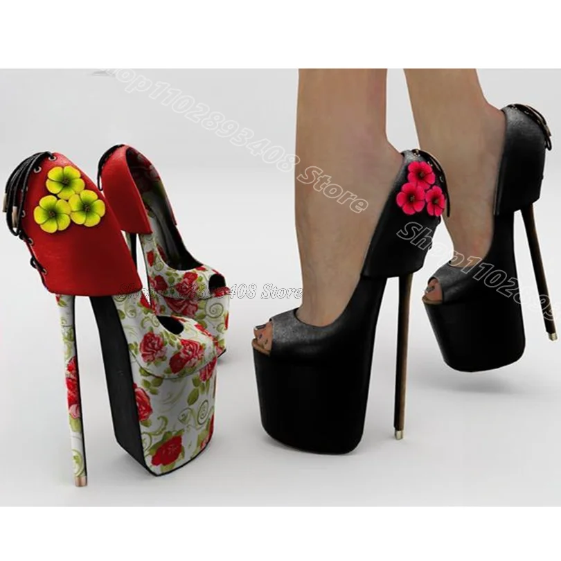 

Black Flower Decor Stiletto Pumps Peep Toe Shallow Fashion Party Dress British Style Women Spring Pumps 2025 Zapatos Para Mujere