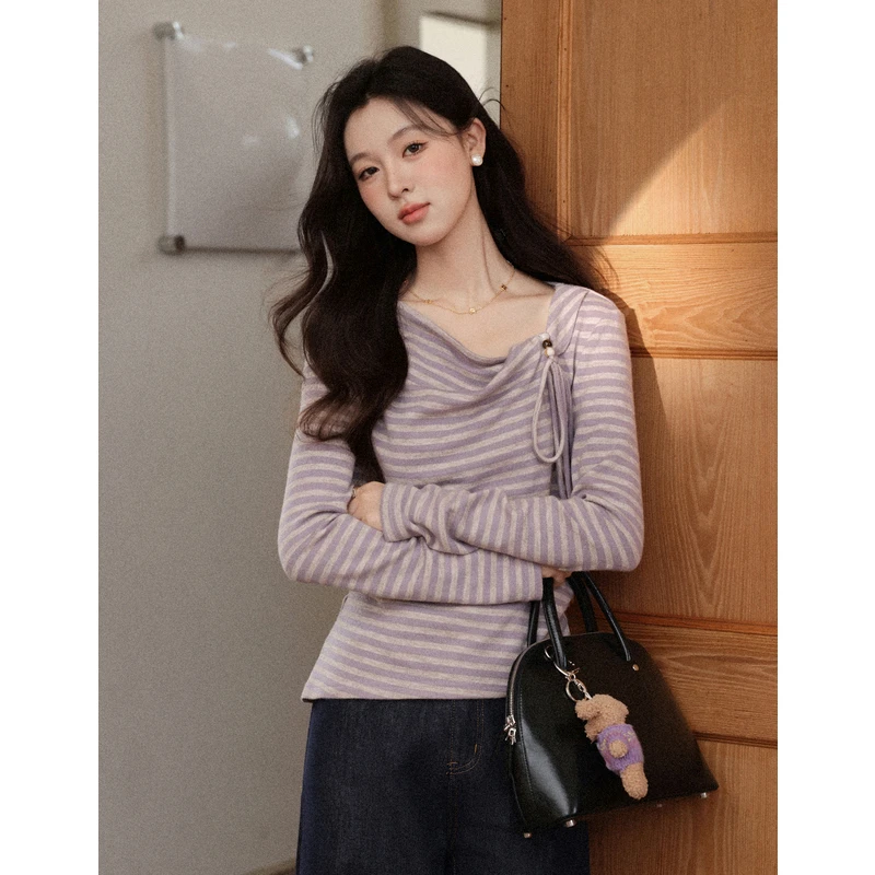 

ALXNAN Purple Striped T-shirt Women's Autumn New Irregular Oblique Collar Drawstring T-shirt Long Sleeve Tops Female DYL663002