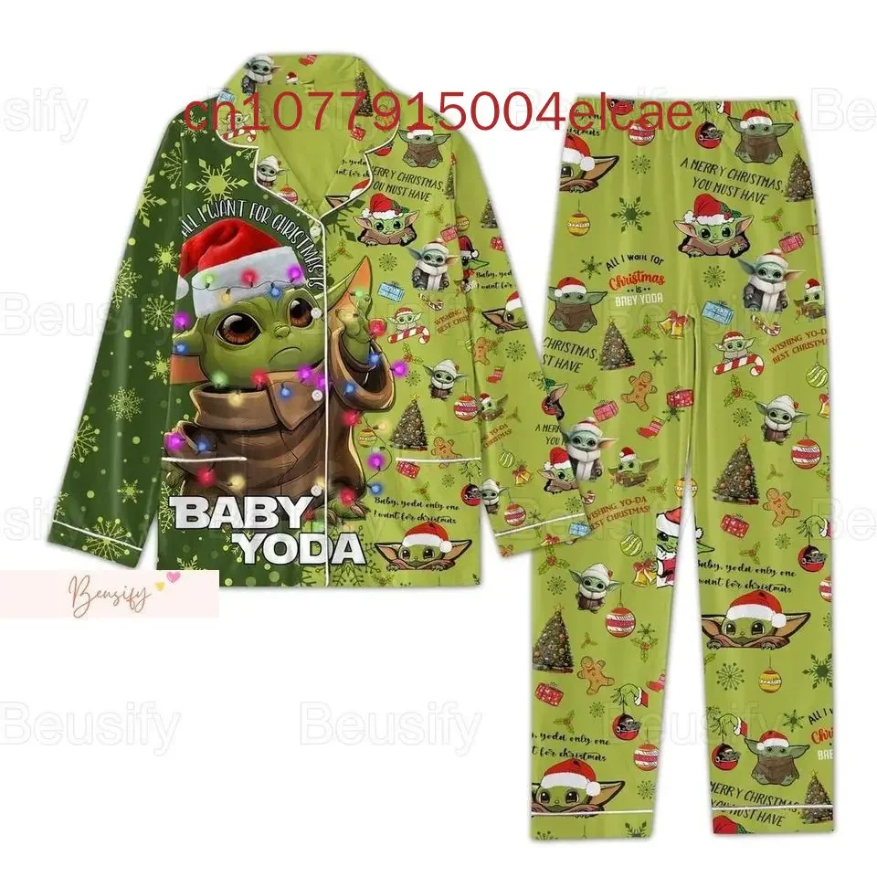 Baby Yoda Christmas Long Sleeve Pajamas Two-piece Set Men\'s and Women\'s Pajamas Women\'s Cartoon Pajamas Pants Set