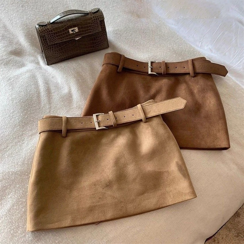 Gowyimme 2026 New Spring Autumn Fahion Women High Waist Suede Skirt Girl A-line Solid Shorts Skirts Bottomings Retro Mini PD1875