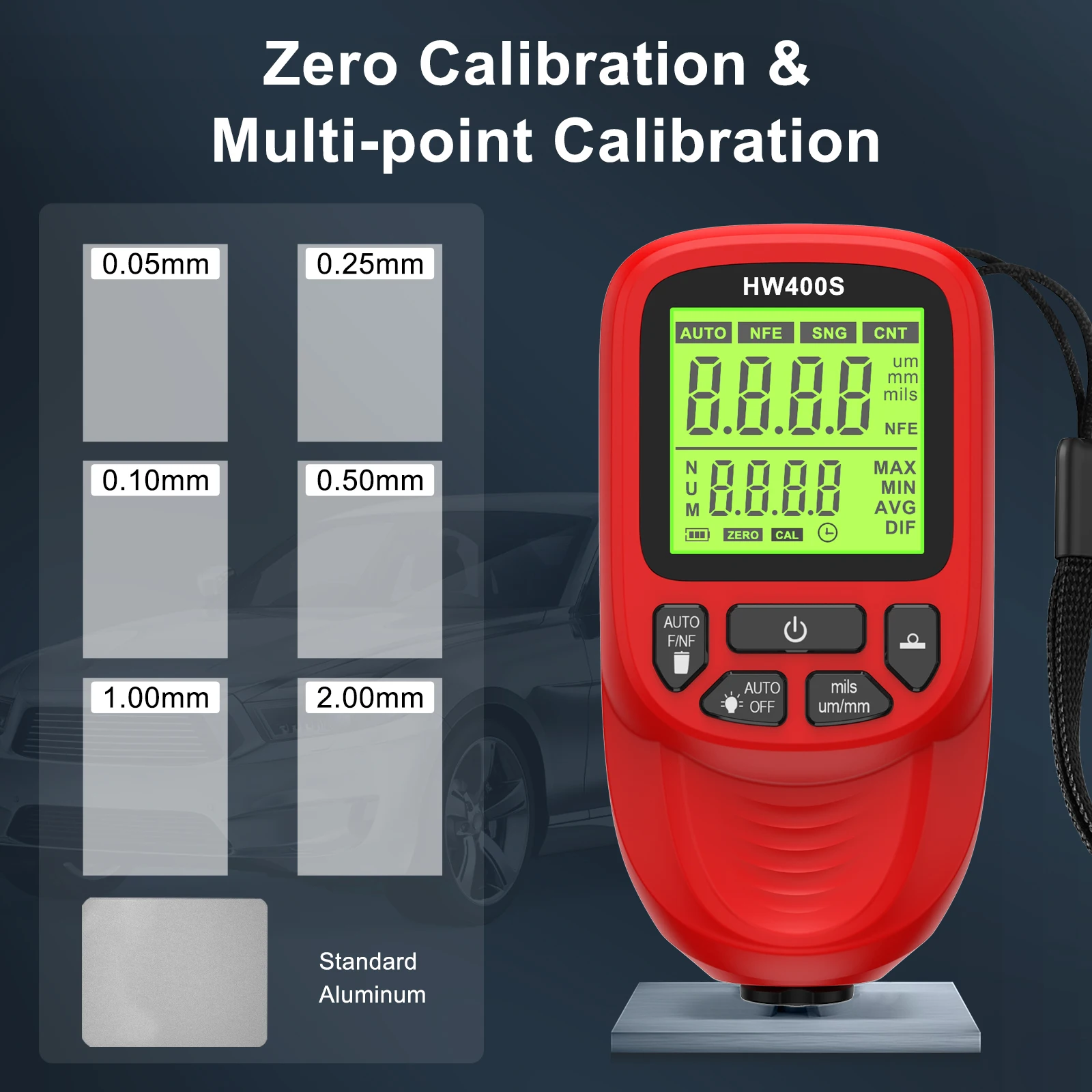 HW400S Car Paint Thickness Tester Auto Film Coating Thickness Gauge Paint Meter 0-2000μm Coating Test Accessories for Fe/NFE