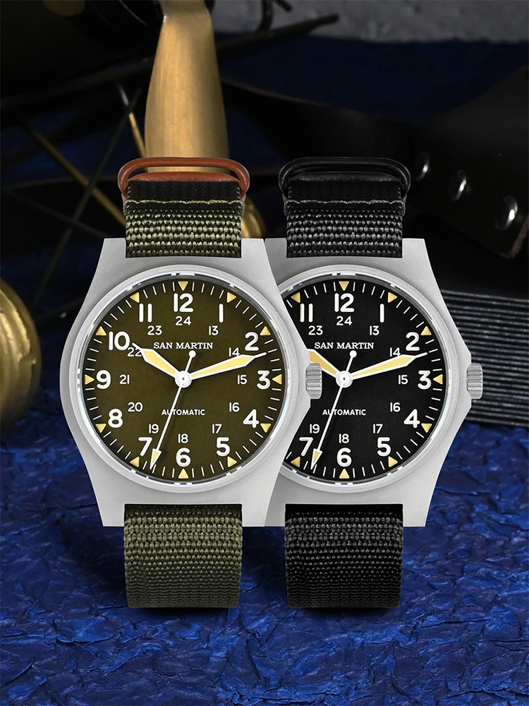 San Martin Pilot Watch 38mm NH35 Retro Military Automatic Mechanical Wristwatch Bead Blasted Case Waterproof 100m Lum SN0137G