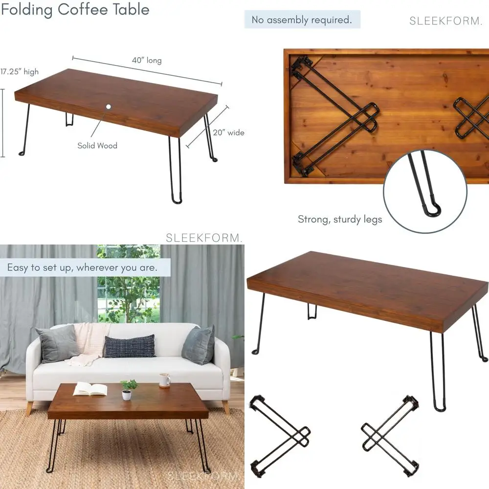 

Compact Walnut Folding Coffee Table - Lightweight, Collapsible Desk for Small Spaces with Hairpin Legs
