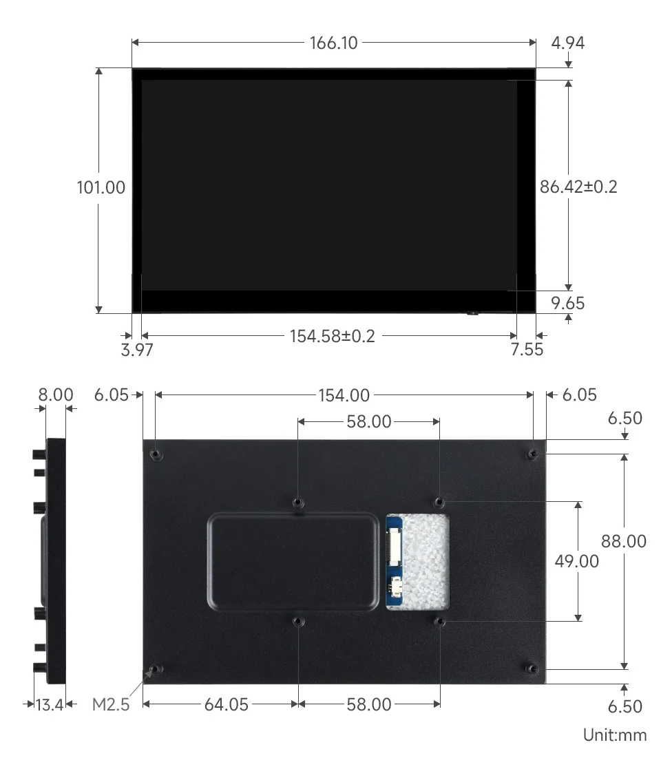 7-дюймовый емкостный сенсорный дисплей DSI, 1024×600 пикселей, IPS-панель, 5-точечный сенсорный экран, поддержка регулировки подсветки через программное обеспечение