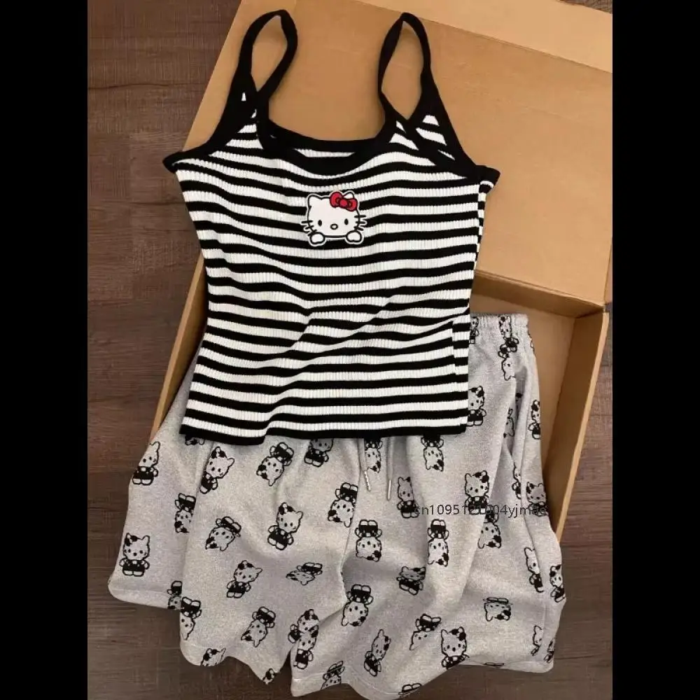 

Kawaii Hello Kitty Summer Women's Pajamas Stripe Tank Tops Shorts Sanrio Cotton Camisole Breathable Cartoon Fashion Homewear