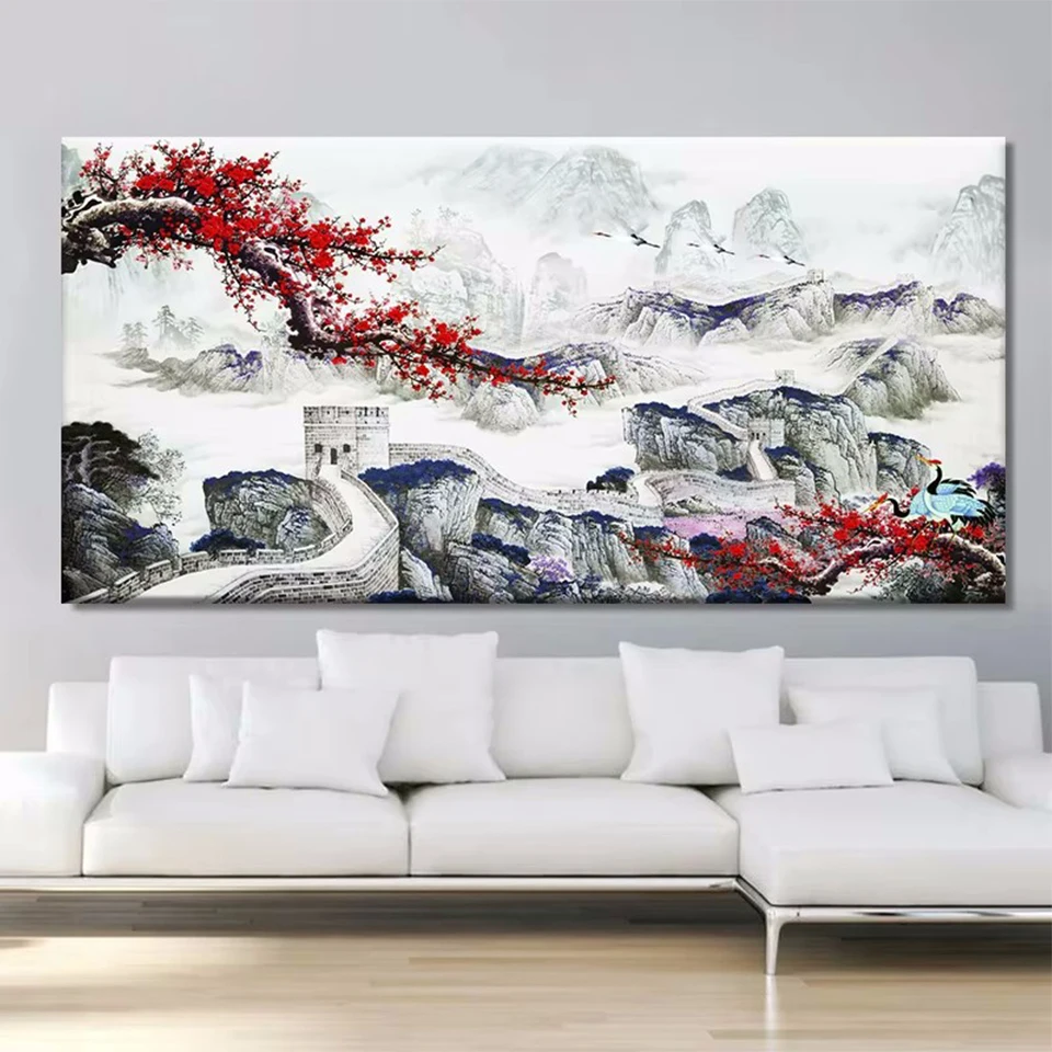 Large Size 5DDIY Diamond Painting Asian Landscape Art Waterfall Sunset Mountain Rock Painting Mural Painting  Home Decoration